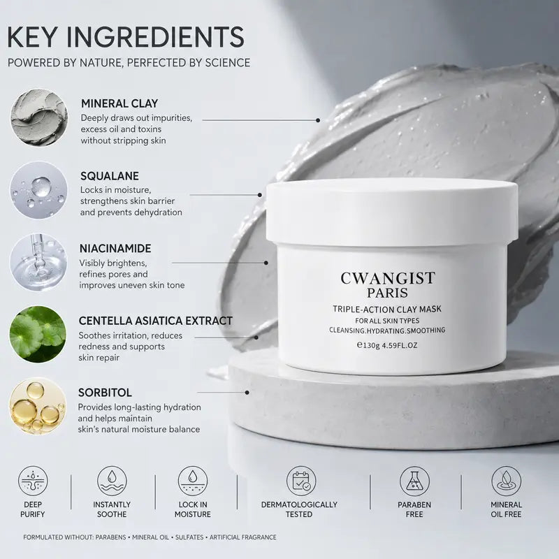 CWANGIST PARIS Clay Face Mask - Pore Detox Mask, Blackhead Removal, Moisturizing, Non-Toxic, Unscented, Cleanses, Unisex for Oil/Combo Skin, 10-Minute Weekly Reset, 130G