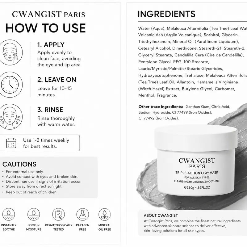 CWANGIST PARIS Clay Face Mask - Pore Detox Mask, Blackhead Removal, Moisturizing, Non-Toxic, Unscented, Cleanses, Unisex for Oil/Combo Skin, 10-Minute Weekly Reset, 130G