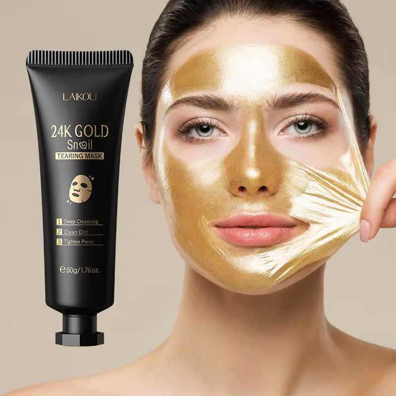 Tube of 24K gold peel‑off face mask with gold accents on a dark backdrop