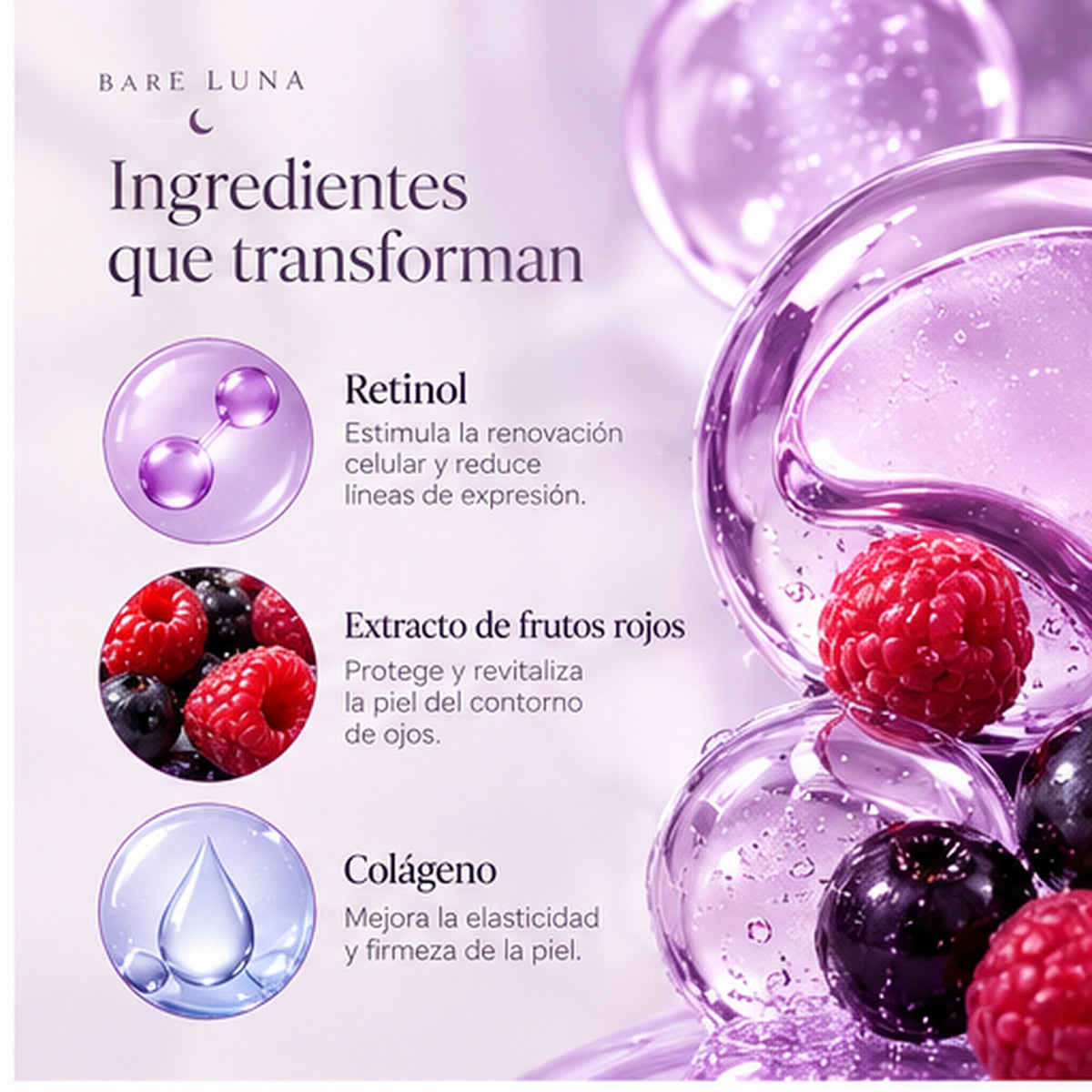 Ingredientes: retinol, extracto de frutos rojos y colágeno