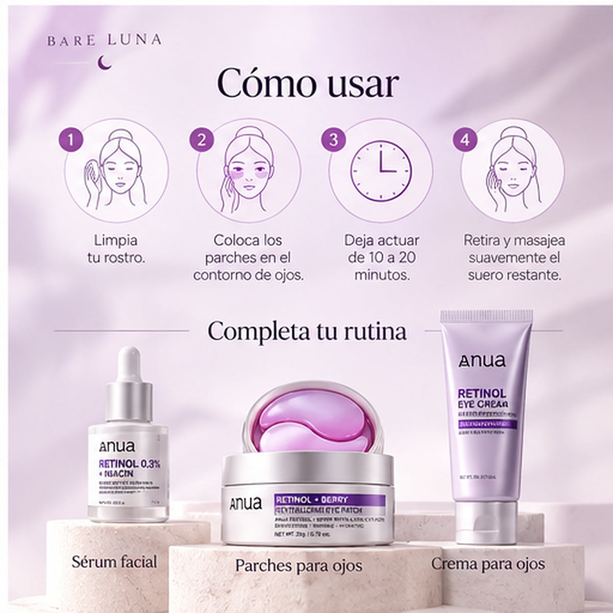 Cómo usar los parches para ojos Retinol Berry en 4 pasos