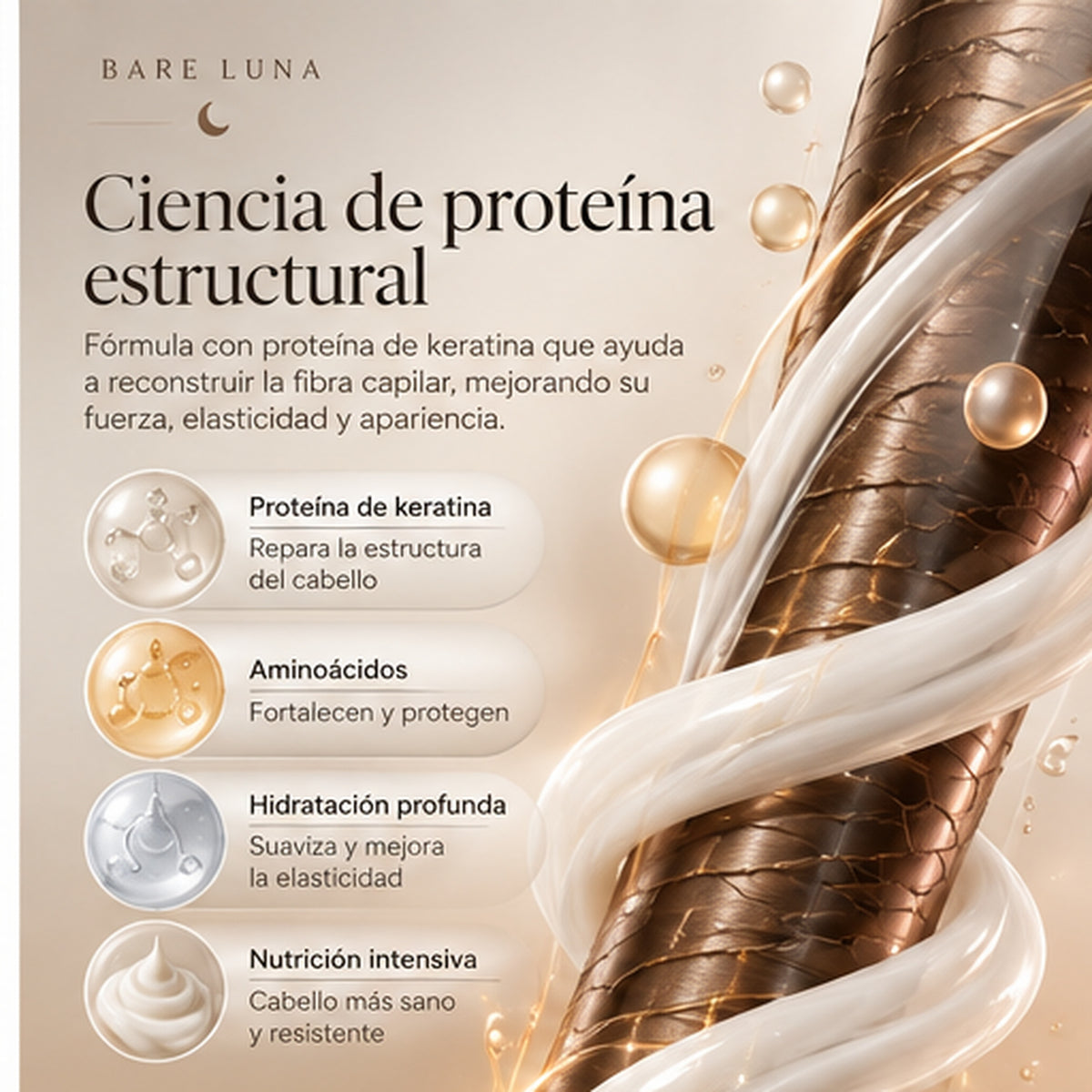 Ciencia de proteína estructural: keratina, aminoácidos e hidratación profunda
