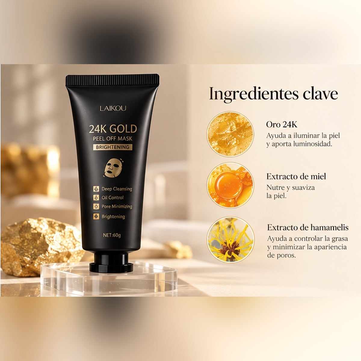 Ingredientes clave: oro 24K, extracto de miel y extracto de hamamelis