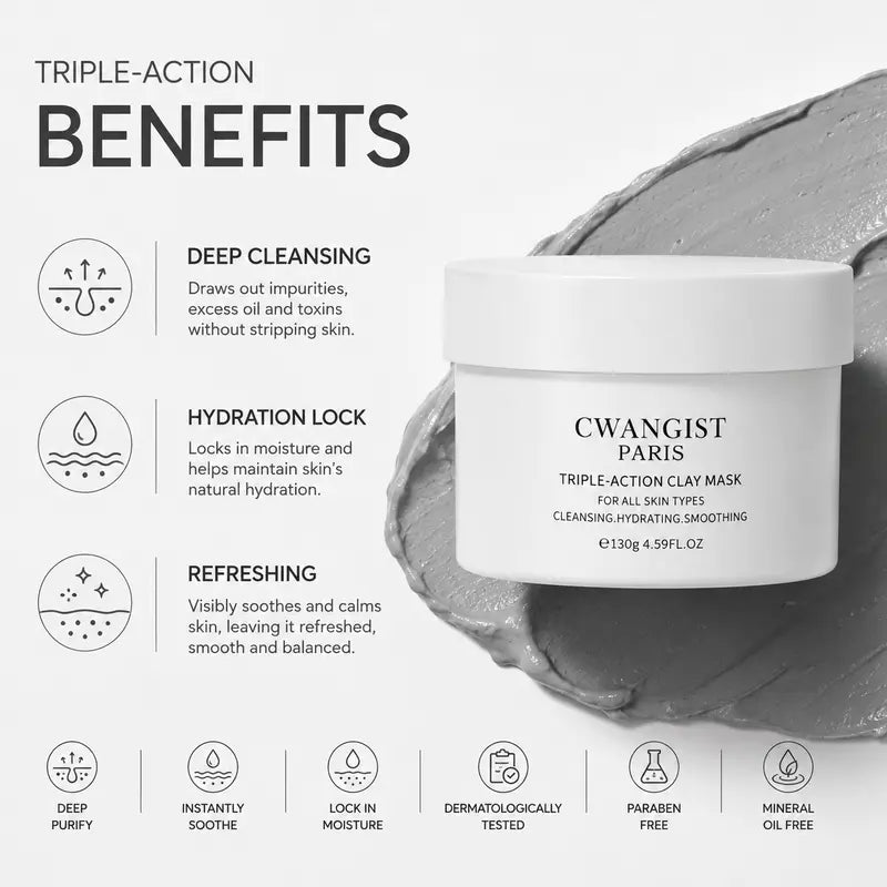 CWANGIST PARIS Clay Face Mask - Pore Detox Mask, Blackhead Removal, Moisturizing, Non-Toxic, Unscented, Cleanses, Unisex for Oil/Combo Skin, 10-Minute Weekly Reset, 130G