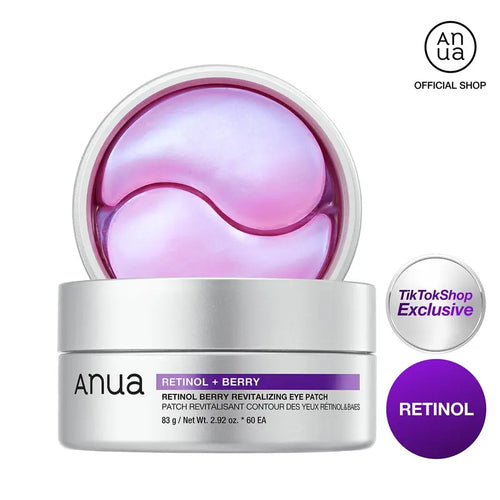 Box and patches of Retinol Berry eye masks on a dark surface